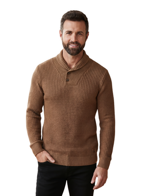 Men's Brown Textured Shawl Collar Button Pullover Sweater Size Small