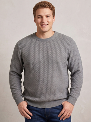 Men's Grey Textured Basketweave Checkerboard Knit Long Sleeve Crewneck Pullover Sweater XLarge