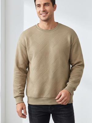 Men's Khaki Textured Geometric Crewneck Pullover Sweater Large