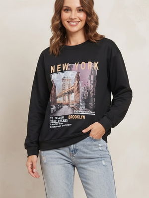 New York City Brooklyn Black Graphic Crewneck Sweatshirt Large