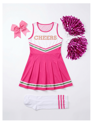 Pink Cheerleader Halloween Costume Set with Pom Poms Hair Bow Socks Kids 9/10
