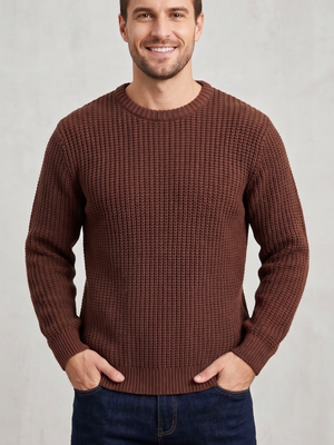 Men's Brown Chunky Waffle Thermal Knit Crewneck Pullover Sweater Medium