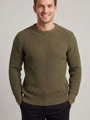 PJ PAUL JONES Men's Olive Green Chunky Waffle Thermal Knit Crewneck Pullover Sweater Medium