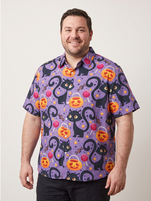 Purple Halloween Black Cat Pumpkin Short Sleeve Button-Up Shirt XL