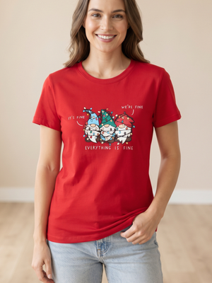 Red Gnome Christmas Lights "Everything Is Fine" Short Sleeve T-Shirt Medium
