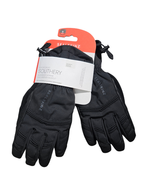 A pair of black Sealtvinz outdoor gloves with a white and orange retail hanger tag, shown against a plain white background.