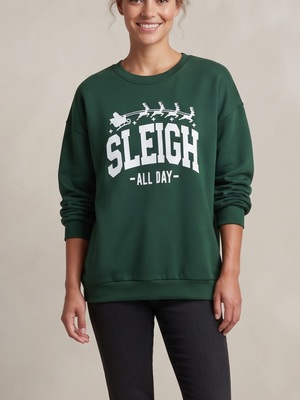 "Sleigh All Day" Green Christmas Graphic Crewneck Sweatshirt Large