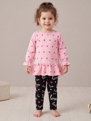 A young child stands barefoot in a studio setting wearing a pink long-sleeve top with small red heart prints and a ruffled hem, paired with black leggings printed with white script and red hearts.