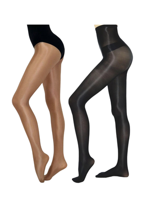 Women's 2-Pack Shiny Glossy Pantyhose Dance Tights Black Nude XL
