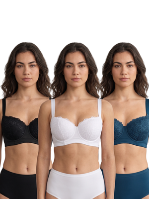 Three women standing side by side wearing matching bra and high-waisted brief set in black, white, and blue, against a plain white background.
