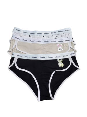 Three pairs of women's briefs stacked together on a white background. The bottom pair is black with white trim and a small bunny graphic; the middle pair is beige with a white waistband pattern; the top pair is white with a black waistband pattern.