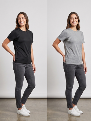 A side-by-side comparison of a woman modeling a short-sleeve crewneck t-shirt in two colors: solid black on the left and heather gray on the right, paired with dark gray skinny jeans and white sneakers against a light gray studio background.