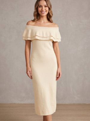Beige Strapless Tiered Ruffle Off-Shoulder Ribbed Knit Maxi Sweater Dress Back Slit Large