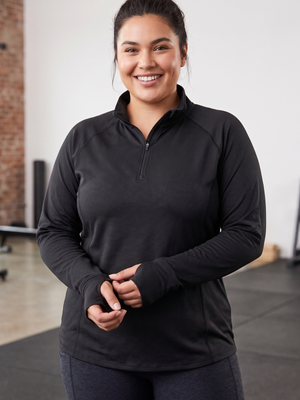 Women's Black Athletic Quarter-Zip Pullover Thumbhole Activewear Shirt Large