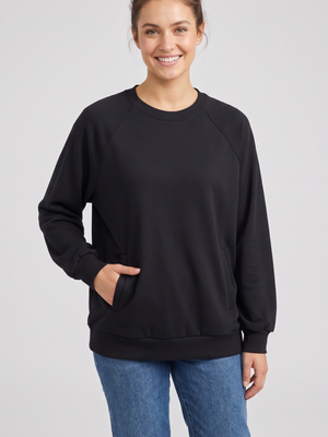 Black Oversized Crewneck Pullover Sweatshirt with Pockets Long Sleeve Lounge Top Large