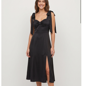 Black Sweetheart Ruched Bust Tie-Shoulder A-Line Midi Dress Front Slit Medium