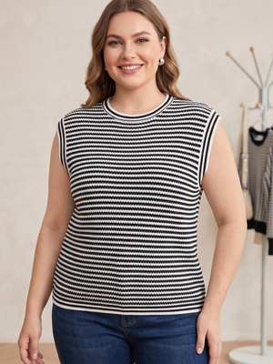 NWT | Vaziro Women's Black & White Striped Crochet Textured Knit Sweater Vest Top | XL