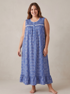 Women's Blue Floral Sleeveless Nightgown Smocked Midi Sleep Dress Large