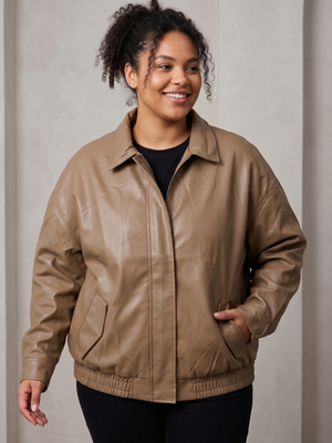 Brown Faux Leather Bomber Jacket Lapel Collar Full-Zip Outerwear XXL