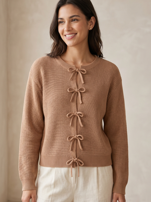 Women's Brown Ribbed Knit Sweater Bow Tie Front Large
