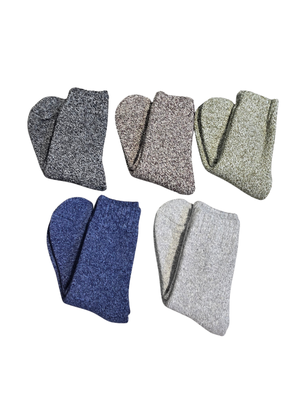 Five pairs of folded knit socks in different colors, including heather gray, heather brown, heather olive green, navy blue, and light heather gray, arranged on a plain white background.