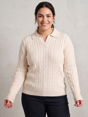 Cream Beige Cable Knit Polo Sweater Collar V-Neck Oversized Pullover XXL