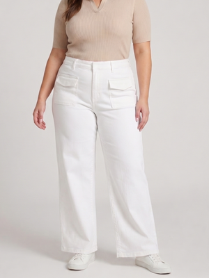 Dokotoo Crisp White High Rise Wide Leg Cargo Flap Pocket Stretch Denim Jeans Size 16