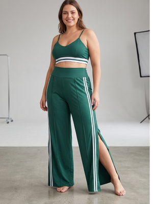 Emerald Green 2-Piece Bralette Crop Top & Side Slit Wide Leg Track Pants Set XXL