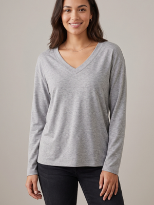 Women's Grey V-Neck Long Sleeve Casual Top Small
