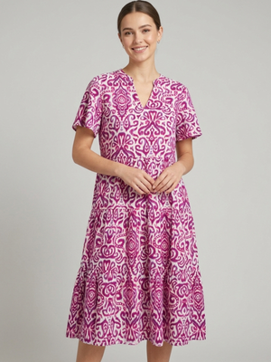 Magenta White Boho Paisley Short Sleeve Midi Dress Medium