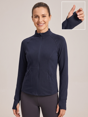 Navy Blue Full-Zip Mock Neck Athletic Workout Track Jacket Thumb Holes Size XL