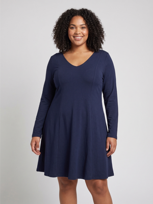 Women's Navy Blue Long Sleeve V-Neck A-Line Dress Large