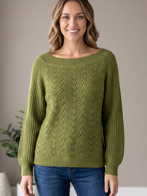 Olive Green Off-Shoulder Boatneck Chevron Knit Sweater Pullover Small