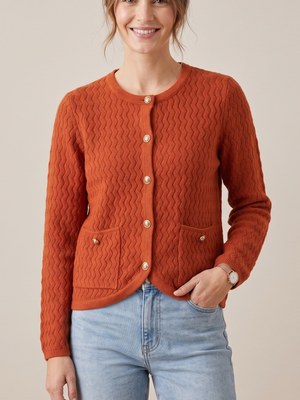 Rusty Orange Chevron Textured Knit Cardigan Gold Button Sweater Medium