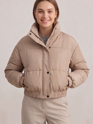 Women's Taupe Beige Cropped Puffer Jacket Stand Collar Full-Zip Outerwear Medium