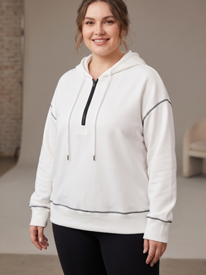 Women's White Oversized Quarter-Zip Hoodie Contrast Stitch Sweatshirt Large