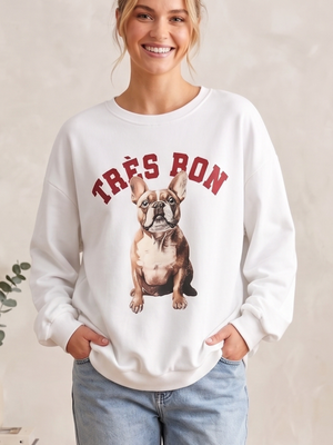 NWOT | Women's Oversized White French Bulldog Très Bon Graphic Crewneck Sweatshirt | Large