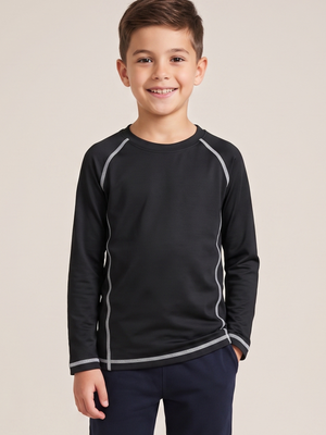 Youth Black Long Sleeve Compression Athletic Base Layer Shirts Contrast Stitch 2-Pack Size 7/8